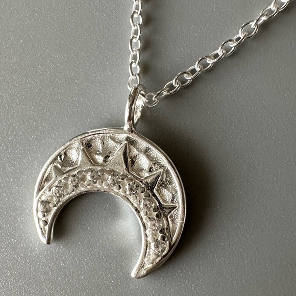 Sterling Silver Crescent Moon Necklace with Crystal Stones - Picture 8 of 9